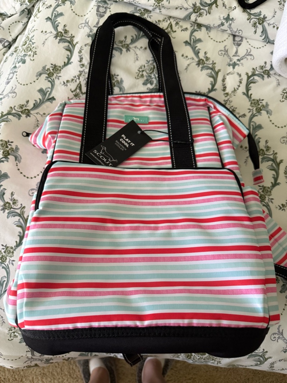 SCOUT Striped Tote in Pink, Aqua & White with Black Handles. Brand new with tag